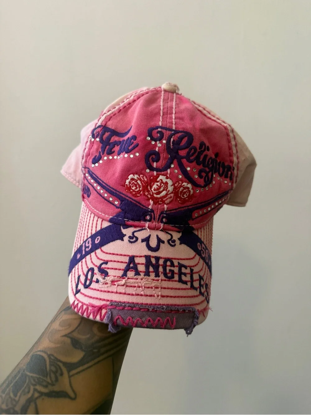 Y2K True Religion Pink Embellished Los Angeles Cap three roses